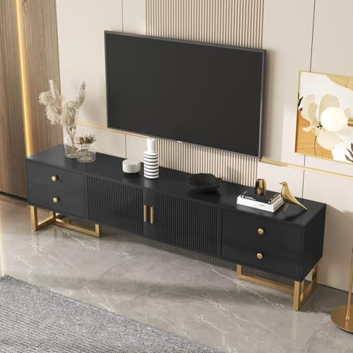TV-Schrank mit 4 Schubladen, TV-Möbel mit Goldenen Griffen und Goldenen Füßen, Fernsehtisch für Fernseher bis zu 75 Zoll, TV Tisch mit Strukturierter Tür, für Wohnzimmer, Schwarz, 175x30x46cm