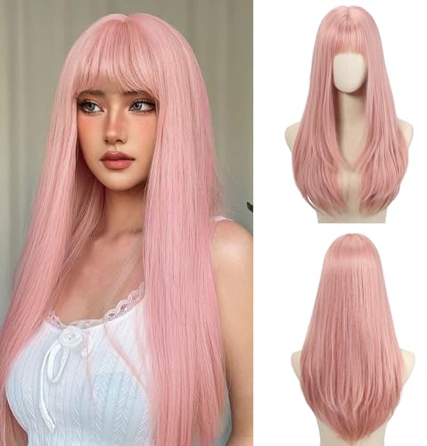 EMMOR Parrucca lunga e liscia per donna, parrucca sintetica scalata con frangia, resistente al calore, adatta per l'uso quotidiano, feste e cosplay(Rosa chiaro)