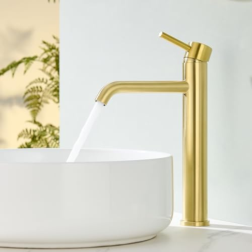 HanCrobiyx Waschtischarmatur Hoch, Wasserhahn Bad Gold für Aufsatzwaschbecken, Armatur Badezimmer Waschbecken, Mischbatterie für Kaltes & Heißes Wasser, Auslauf Höhe 194 mm