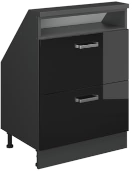 Vicco Mobile cucina sottotetto R-Line, Nero lucido/antracite, 60 cm con 2 cassetti