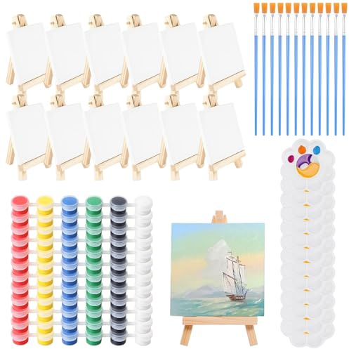 60 Piezas Mini Lienzos con Caballete de Arte 12 Pequeños Caballetes Triangulares de Artista con 12 Lienzos,12 Pinceles y 12 Paletas de Pintura y 12 acuarela para Aficionados y Artistas
