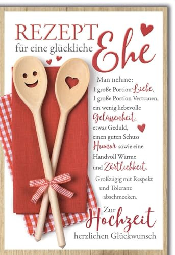 Hochzeitskarte für Paare Romantisch - Humorvoll - Rezept für Ehe mit Holzlöffeln und Herz-Design - Klappkarte mit Umschlag Glückwunschkarte Hochzeit