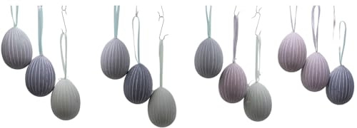 Dekohelden24 12er Set, Ostereier, Osterbehang, Osterdeko, Dekohänger, Ostereier zum Aufhängen, Osterstraucheier aus Kunstoff in grau/grün Lieferumfang 12 Stück, Größe: L/B/H ca. 4 x 4 x 6 cm.