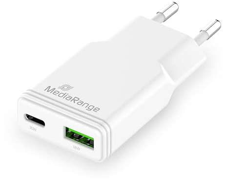 MediaRange GaN Ladegerät 30W EU-Stecker 1x USB-C + 1x USB-A | GaN-Technologie | USB-C Power Delivery | Quick Charge | GS-zertifiziert