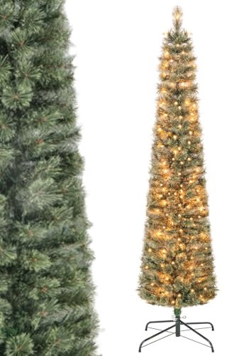 GYMAX 5FT/6FT Pre-Lit Hinged Christmas Tree, Slim Pencil Artificial Xmas Tree with LED Lights, Verdant Branches Tips, Holiday Party Decorations Tree for Home, Mall & Store (6ft, Green)