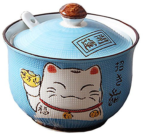 Keramikdose mit japanischem Maneki Neko Glückskatze für Zucker, Salz, Pfeffer, Vorratsdose mit Deckel und Löffel