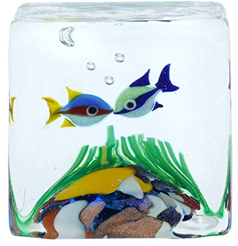 Murano Glas Aquarium Würfel mit zwei tropischen Fischen - 1-1/4 Zoll