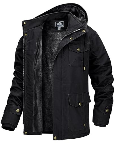 MAGCOMSEN Herren Winterparka Fleece Gefüttert Winterjacke mit Fell Herren Cargo Wintermantel Outdoor Bomberjacke mit 7 Taschen Schwarz M