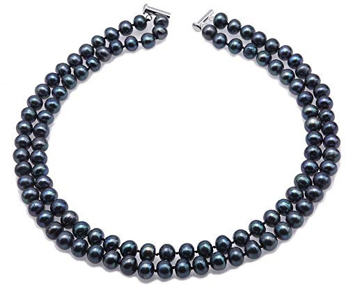 JYX Pearl - Damen Perlenkette, Schwarz, Runde Süßwasserperlen, 8.5-9.5 mm, Doppelsträngig, Klassisch, Unisex, 43.2 cm, Hummer Verschluss