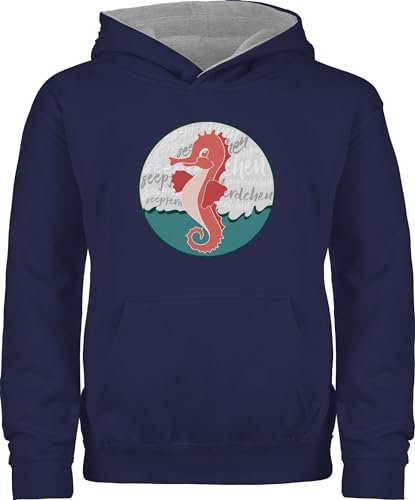 Pullover Kinder Hoodie Jungen Mädchen - Sport Kleidung - Seepferdchen Abzeichen - 116 (5/6 Jahre) - Navy Blau/Grau meliert - schwimmabzeichen kind bestanden 25. geburtstag seepferd hudi schwimmen