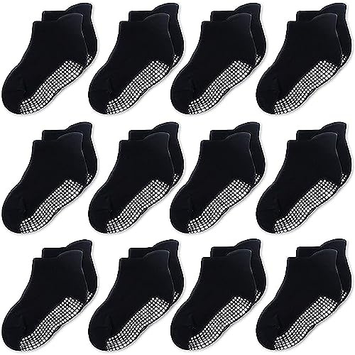 CozyWay Non-Slip Ankle Style Socks Baby Socks Toddler Socks with Grippers, 12 Pack for Baby Boys and Girls, Solid Black, 1-3 Years