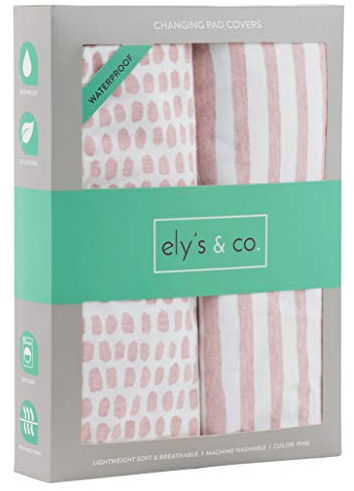 Ely's & Co. Patent Pending Waterproof Changing Pad Cover Set | Cradle Sheet Set by Ely's & Co no Need for Changing Pad Liner Mauve Pink Splash & Stripe 2 Pack for Baby Girl