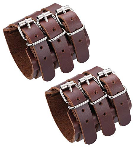 LOLIAS 2PCS Echtes Leder Armband für Herren Damen Wristband Riemen Rüstung Gürtel Schnalle Dreifachriemen Breites Armband Manschette Unisex Paar Armreif, Schwarz/Braun