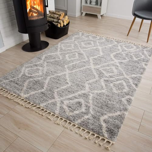 TAPISO Versay Teppich Shaggy Hellgrau Creme Fransen Modern Abstrakt Streifen Boho Weich Hochflor Langflor Wohnzimmer Schlafzimmer ÖKOTEX 120 x 170 cm