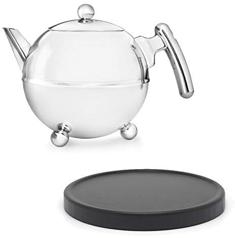 Bredemeijer Bella Ronde Edelstahl-Teekannen-Set 0.75 L - Doppelwandige Edelstahlkanne in Kugelform mit Füßen, silber - Mit schwarzem Untersetzer, ohne Siebeinsatz, ideal für Teebeutel & losen Tee