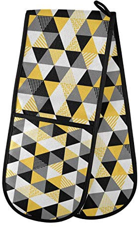 Moyyo Oven Glove Black Yellow Geometric Double Oven Glove Heat Resistant Kitchen Oven Mitt with Soft Quilted Cotton Lining Filling Pot Holders for Basking Cooking Pizza Microwave