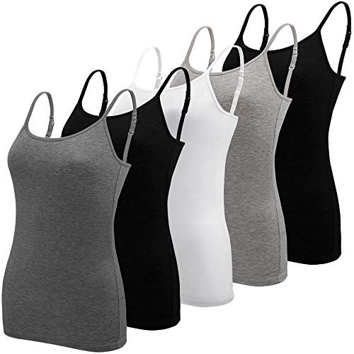 BQTQ 5 Stück Spaghetti Top Damen Unterhemd Spaghettiträger Lang Tank Top mit Verstellbarer Strap Basic Cami Tank Top für Frauen und Mädchen, Schwarz, Weiß, Grau, Dunkelgrau, L