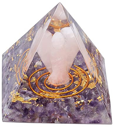 KYEYGWO Amethyst Positive Energie Pyramiden Edelstein mit Rosenquarz Engel Figuren, Stein Schutzengel Pyramide Reiki Heilung Kristallpyramide Desktop Ornament Haus Decor