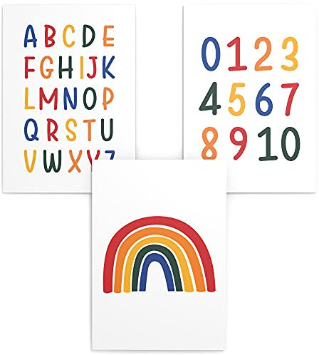 Papierschmiede® Kinderposter 3er Set Lernposter, 30x40 cm Wanddeko, Geschenk für Mädchen & Jungen Kinderzimmer, Alphabet Buchstaben, ABC Zahlen Regenbogen bunt