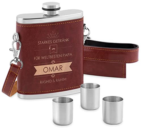Maverton Flachmann mit Gravur - personalisiert - 250 ml - 3x10 ml Becher - aus Edelstahl - Ledertasche mit Riemen - Geburtstagsgeschenk für Männer - Farbe: Silber/Braun - Weltbester