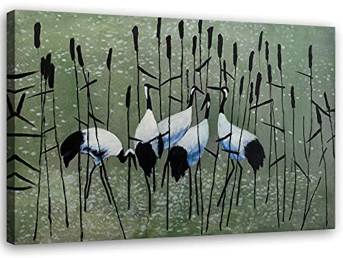 Feeby Vlies Leinwandbild Natur Kraniche Vögel 60x40 cm Wanddeko Design Kunstdruck Zimmerdeko Bilderwand Schilf Feuchtgebiete Wie gemalt Grün