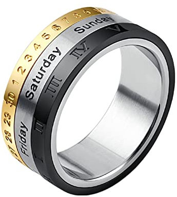 Epinki Eheringe, Tricolor Freundschaft Ringe Römische Zahlen Kalender Spinner Anxiety Ring Edelstahl Ringe für Mann, Größe 54 (17.2)
