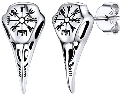Silvora Wikinger Herren Kompass Ohrstecker 925 Silber Viking Rabenschädel Ohrringe Ohrschmuck Geschenke für Vater Freund Partner Paar