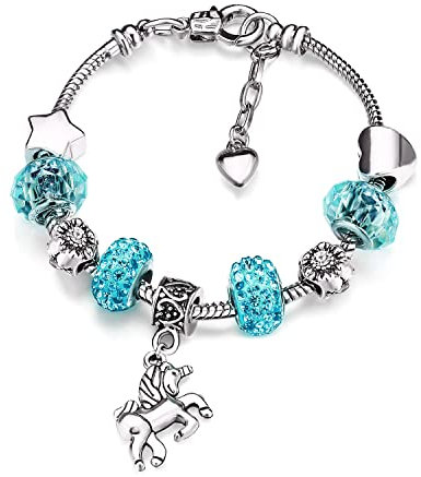 Deolven Bettelarmband für Mädchen, Rosa Glitzernden Kristall Armband mit Einhorn für 6-12 Jahre Kinder Mädchen Geschenke Blau 14cm Unicorn Bracelet