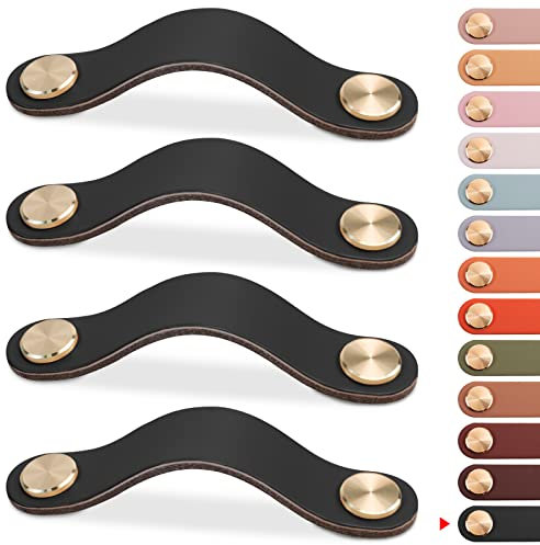 LEREATI 4pcs Leather Drawer Handles Drawer Knobs Kitchen Cupboard Handles, Leather Drawer Pulls for Cupboards, Wardrobe, Dresser, Closet (Black, 128mm Hole Center)