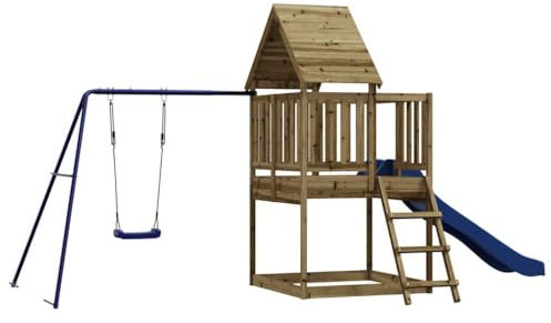 vidaXL Spielturm, Klettergerüst mit Rutsche Leiter Schaukel, Kinder Kletterturm mit Holzdach, Spiel-Zubehör für Garten, Holz Spielplatz, Imprägniertes Kiefernholz
