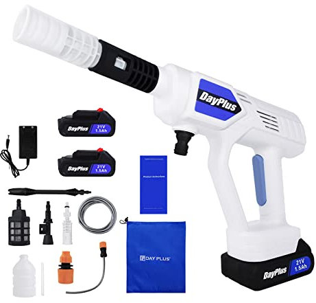 Pistola pulverizadora de agua de 21 V, lavadora de alta presión inalámbrica portátil, con 2 baterías de iones de litio, cargador, boquilla ajustable, accesorios, 2 accesorios de cambio rápido y