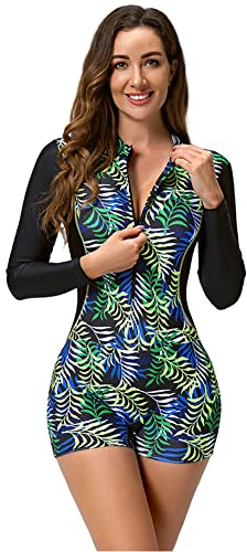 FYMNSI Women's One Piece Boyleg Swimsuits Sports Athletic Training Bathing Suit Color Block Rash Guard Long Sleeve Zipper Front Surfing Diving Swimming Costume Ladies Wetsuit Modest Swimwear Leaf S