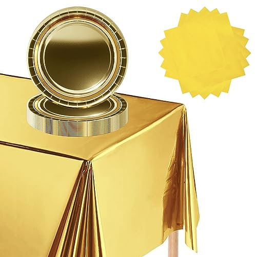 37Pcs Metallic Gold Foil Party Tableware Set,Metallic Gold Foil Dinnerse,GoldFoil Table Cloth and Paper Plates,Napkins for Birthday,Chritmas,Wedding,Valentine's Day,Retirement Party Table Decorations