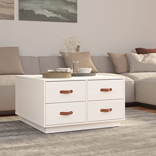 GuyAna Couchtisch Weiß 80x80x45 cm Massivholz Kiefer Beistelltisch Hoch Couchtisch Baumkante