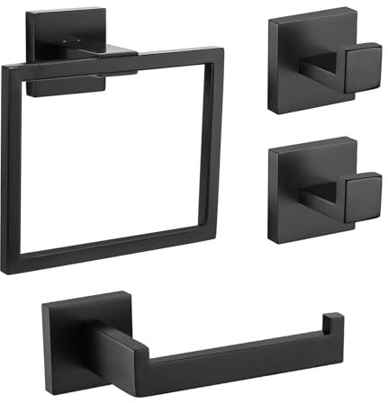 TURS 304 Stainless Steel Robe Hooks,Toilet Paper Holder,Towel Rail,Wall Mounted,Bathroom 4 Pieces Bathroom Accessory Set（Black）