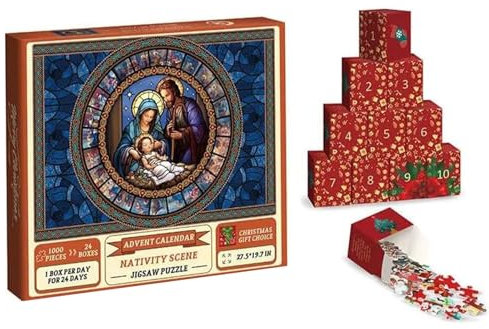 1000-teiliges Puzzle - Weihnachtskrippe, Adventskalender 2023 Weihnachten Puzzle, 24 Tage Weihnachten Countdown Kalender Krippe Puzzle, Weihnachtskrippe Adventskalender Geschenke für Erwachsene Kinder