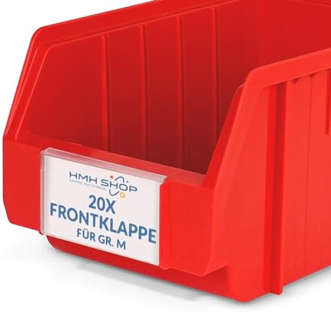 HMH Stapelboxen der Größe M 230x150x130mm für dein Kleinteilelager Sichtlagerkästen in 5 Farben Zubehör wie Deckel Trennsteg Etikett Wandschiene Sortierkisten (Frontklappe, 20 Stück)