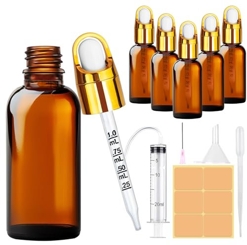 Amentalove 5PCS 30ml Boccette Vetro Contagocce, Flaconi Contagocce in Vetro, Ambra Contagocce con Pipetta Imbuti Siringa per Profumi Olio Essenziali Massaggio Aromaterapia Laboratorio