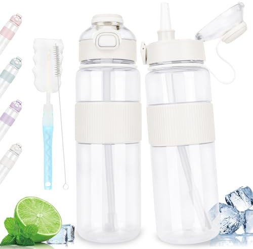 ADVIGO Trinkflasche 1L mit Strohhalm, Auslaufsicher Wasserflasche 1l mit Aufklebe, Sport Trinkflasche 1 Liter BPA Frei, Wasserflasche für Schule Arbeit Fitness Reisen Fahrrad Camping (Weiß)