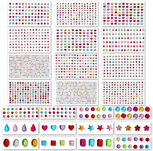 2051 PCS - 12 Sheet Gems Rhinestone -SELF Adhesive- Gems for Crafting Rhinestone Nail, Face, Body Festival Makeup Assorted Shapes Crystal Gemstones Sticky Gems for DIY Crafts, Scrapbooking Face gems
