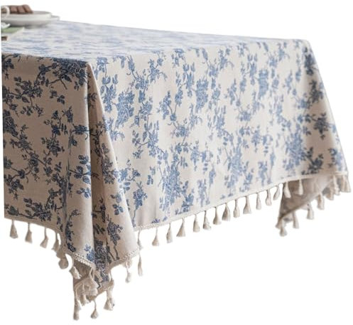 Peosaard Blumentischtuch, Blaue Blumen -Tischdecke 55x71 Zoll Baumwollwäsche Blumentuch Stoffstick Schnittrechteck Tischdecke Pastoral Vintage Tischdecke für Küche, Blau und weiße Tischdecke