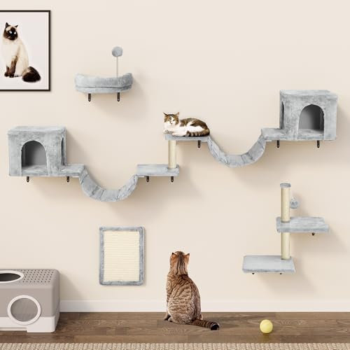 YITAHOME Lot de 8 Murs d'escalade pour Chat, Dispositif d'escalade en Peluche Stable pour Chats, Arbre à Chat Mural avec Griffoirs, Maison, Pont, Escaliers pour Chat et Boule Suspendue, Gris Clair