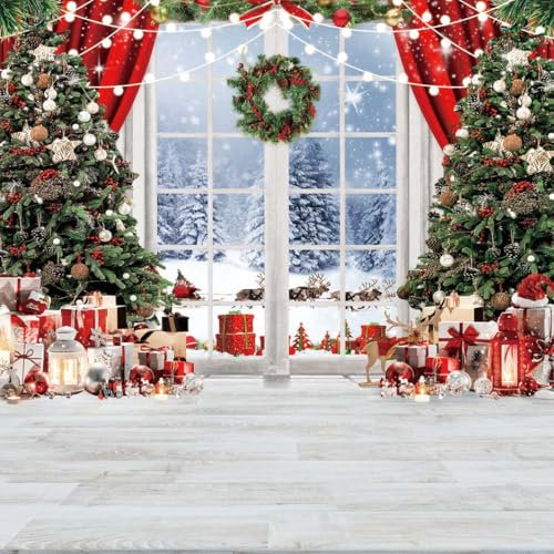 AIIKES 10x10FT Weihnachtsfenster Fotografie Hintergrund Winter Schnee Weihnachtsbaum Geschenk Party Dekoration XY72