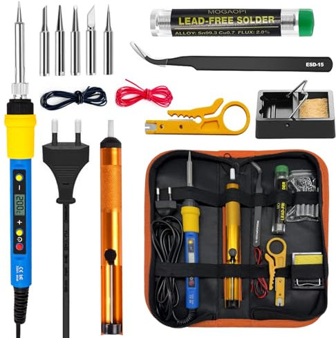 Kit Saldatore LCD da 80W, Temperatura Regolabile 180–500 °C, Saldatore Con Interruttore on/off, Filo di Saldatura da 8 g, 5 Punte di Saldatura, Pompa Dissaldante, Supporto per Saldatore, Pinzette
