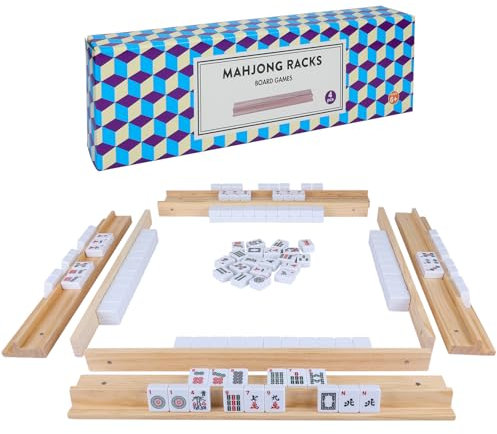 Offelec Upgraded Mahjong Racks with Pushers, Set of 4 Trays for American Mahjong Games, Wooden Holders for Mahjong, Mexican Train, Dominoes (Includes Magnetically Attached Mahjong Pushers)