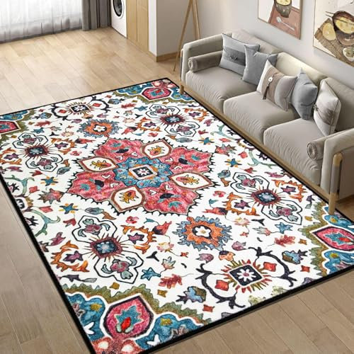 Tapis Design Wohnzimmer Teppich, Kurzflor, Rutschfester, Waschbare Teppiche, Modernes Boho Muster Design, für Schlafzimmer und Esszimmer, Farbe: Roter, Grüner, Größe: 200x300 cm