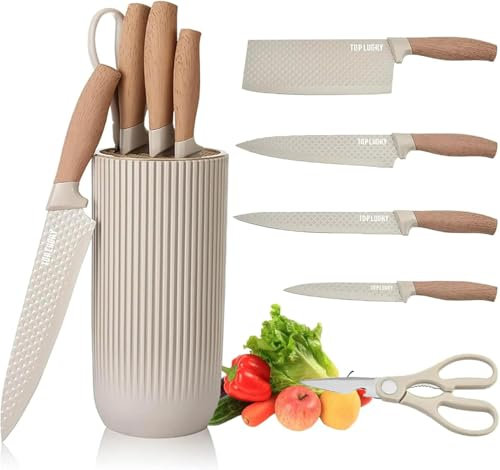 Küchenmesser-Set, 6-teiliges schwarzes, scharfes Messerset für die Küche, Antihaftbeschichtetes, rutschfestes Edelstahl-Kochmesserset mit Universal-Messerblock (Khaki)