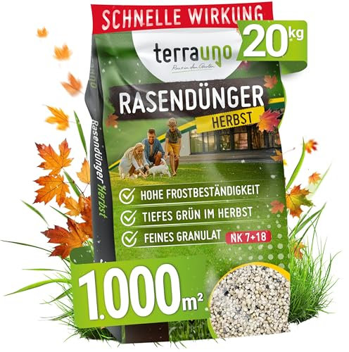 TerraUno Herbstdünger Rasen, mit extra Kalium für Winterschutz, Rasendünger Herbst, 20 kg für 1000 m², Herbstrasendünger für schnelles & tiefes Grün, Staubarm, Herbst Rasendünger für den Streuwagen
