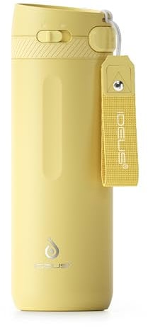 IDEUS Insulated Stainless Steel Water Bottle 17 oz Push Button Lid & Leakproof Travel Mug for Hot/Cold Beverages Fits Most Cup Holder, Light Yellow
