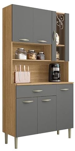 ACTUAL DIFFUSION Buffet de Cuisine 6 Portes 1 Tiroir Chêne et Gris L 90.9 H 173.5 P 36.3 cm